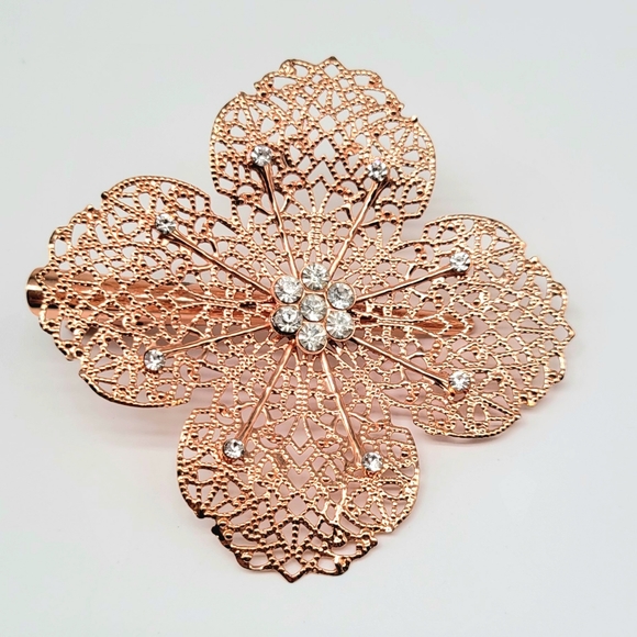 LARGE Rose Gold Metal and Crystal Flower Hair Piece with Alligator Clip - Picture 1 of 8
